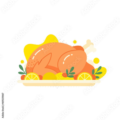 vector illustration of a whole roasted turkey on a platter garnished with lemon and herbs for a traditional Thanksgiving holiday feast.
