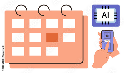 Wallpaper Mural Calendar with highlighted date, smartphone unlocking via fingerprint, and AI chip highlighting smart technology. Ideal for time management, AI integration, scheduling, planning, tech innovation Torontodigital.ca