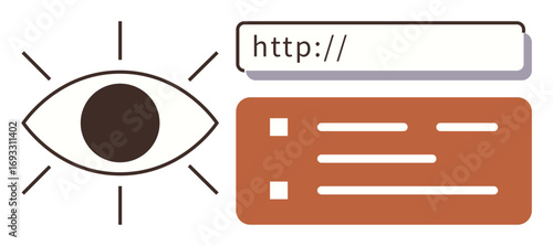 Eye near a web URL bar and text document lines, representing online visibility, browsing, data tracking, and digital security. Ideal for SEO, online research, privacy, analytics browsing
