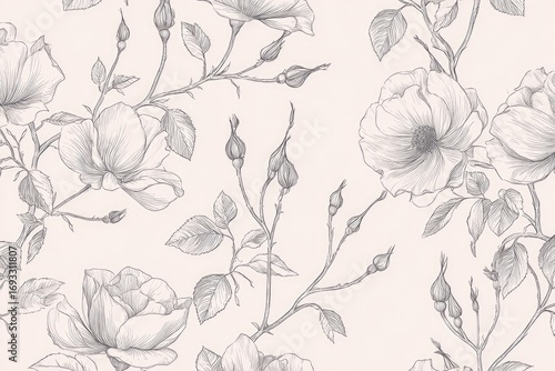 Elegant floral pattern of pencil-sketched roses
