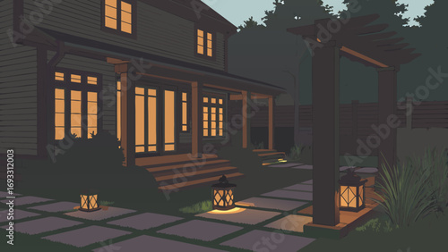 Evening backyard scene with house lights on pathway and lanterns.