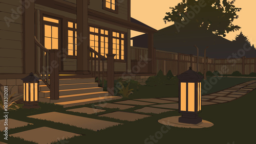 Evening House Exterior with Illuminated Pathway and Garden.