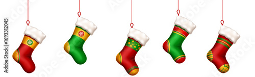 Set of five empty festive Christmas stockings hanging on a strings. Each stocking is uniquely designed with vibrant colors and patterns.