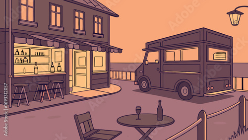 Evening Street Scene with Bar and Food Truck Cozy Outdoor Seating Area Sunset Illustration.