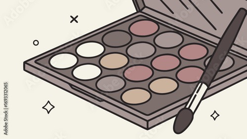 Eyeshadow palette with brush makeup kit cosmetic product beauty supplies neutral tones trendy shades make up artist tools fashion illustration cosmetic design beauty blogger flatlay t.