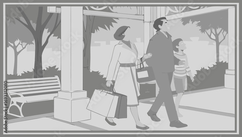 Family shopping together outdoors stylish illustration grayscale design.