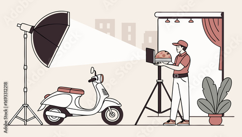 Food Delivery Scooter Photo Shoot Studio Setup Illustration.