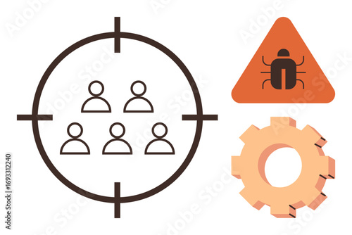 Target on group of users, bug triangle warning sign, gearwheel symbolizing system mechanics and problem fixing. Ideal for cybersecurity, teamwork, risk, protection, troubleshooting, data privacy