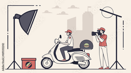 Food delivery service photoshoot scooter rider photographer studio lighting advertising campaign graphic design illustration.