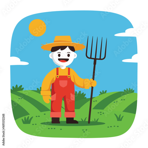 Cartoon farmer with fork in field