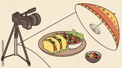 Food photography setup isometric view camera on tripod tacos salsa overhead lighting studio shot flat lay vector illustration graphic design food styling culinary art restaurant menu.