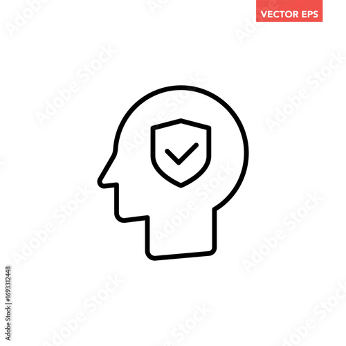Single black head with shield line icon, simple mental health flat design vector pictogram, infographic interface elements for app logo web button ui ux isolated on white background