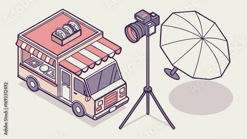 Food Truck Photography Set Isometric Illustration Camera Lighting Design Element.