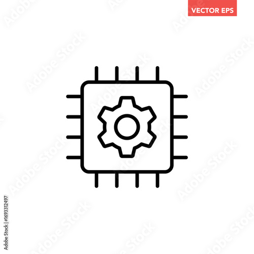 Black single chip with gear line icon, simple digital central processing unit technology flat design vector pictogram for app website button ui ux interface elements isolated on white background