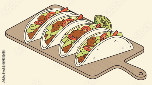 Four Delicious Tacos on Wooden Board Mexican Food Illustration Restaurant Menu Design Recipe Graphic.