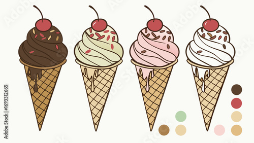 Four Ice Cream Cones with Different Flavors and Sprinkles Delicious Summer Treat Illustration.