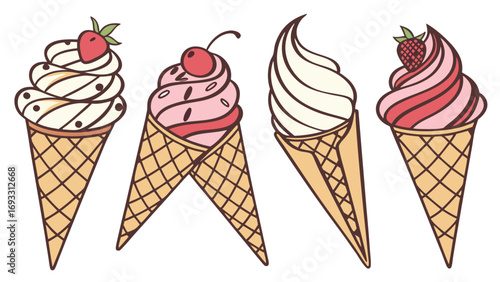 Four Ice Cream Cones with Different Toppings Sweet Treats Summer Dessert Delicious Frozen Dessert Illustration.