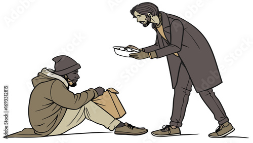 Giving charity donation helping the homeless poverty assistance support compassion kindness volunteer social issue human people man male person giving back food bowl sharing c.