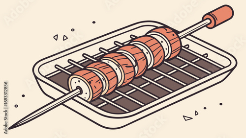 Grilled food on skewer food illustration vector graphic cooking recipe bbq summer design element menu restaurant cafe kitchen food design food art illustration graphic design flat.