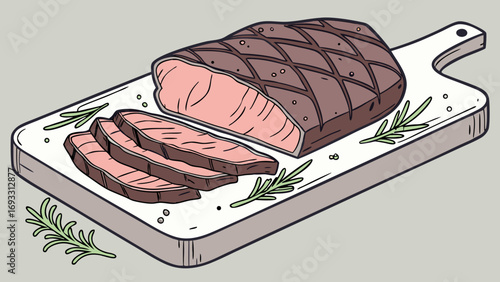 Grilled meat on cutting board sliced roast beef rosemary peppercorns food illustration kitchen cooking restaurant menu recipe steak dinner lunch delicious gourmet appetizing juicy.