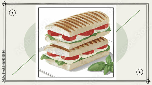 Grilled panini sandwich with tomato and mozzarella fresh basil restaurant menu food photography Italian cuisine illustration.