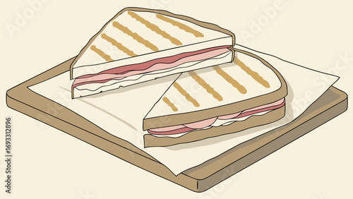 Grilled Sandwich on Wooden Board Delicious Lunch Food Illustration Cut in Half.