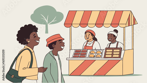 Happy Customers at a Food Kiosk in a Park.