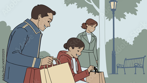 Happy family carrying shopping bags in a park.