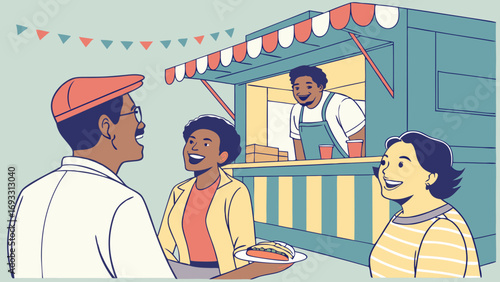 Happy Customers at a Food Stand Festive Outdoor Scene Illustration.
