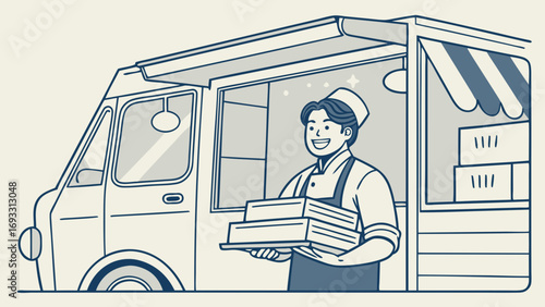 Happy food truck worker holding boxes.