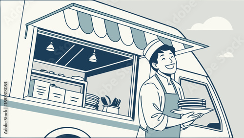 Happy food truck vendor serving pancakes illustration.