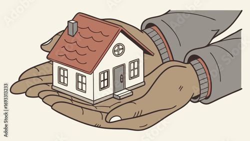 House in Hands Home Ownership Real Estate Concept Illustration.