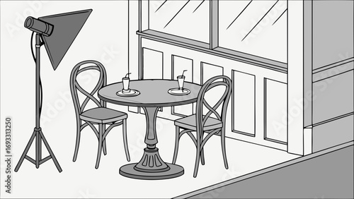 Illustration of a cafe setting with a round table and chairs illuminated by a studio light.