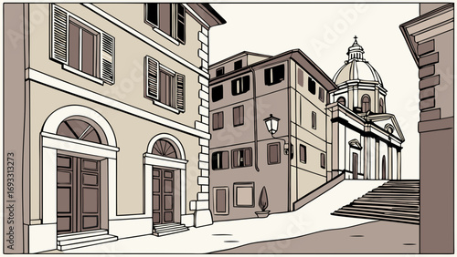 Illustration of a charming European street scene with historic buildings featuring a church dome arched doorways and traditional windows.