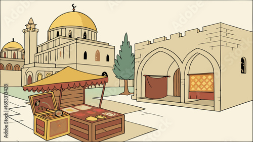 Illustration of a marketplace with a religious building and market stall.