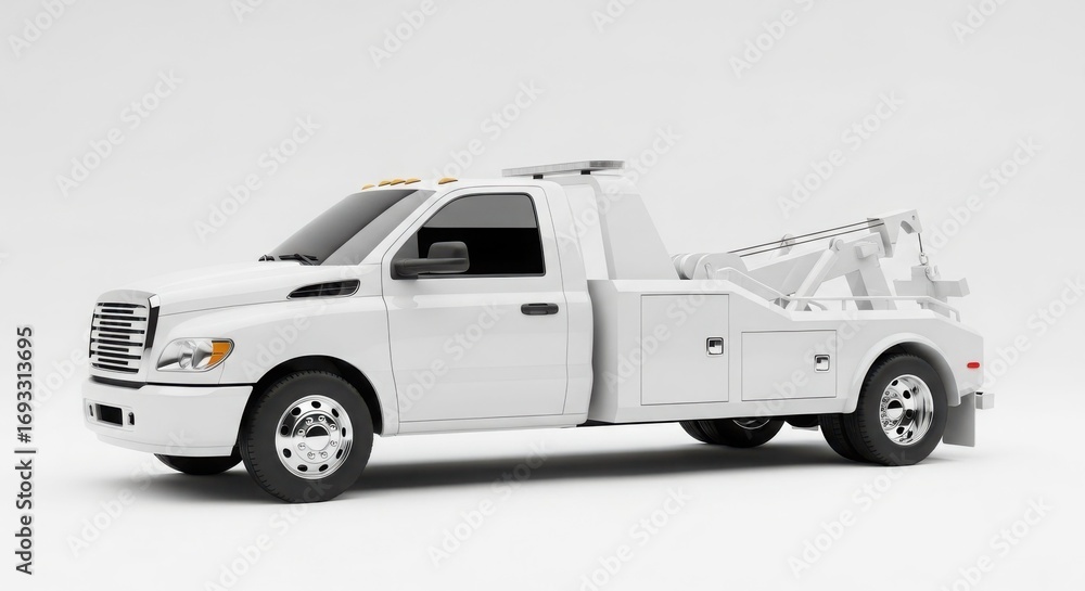 Fototapeta premium A pristine white tow truck is displayed on a plain white background, showcasing its details.