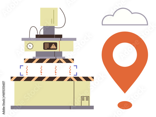 Factory with warning signs, a cloud icon, and a geolocation marker. Ideal for logistics, industry, technology, GPS, innovation, connectivity location-based services simple flat metaphor