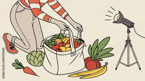 Illustration of a person arranging produce for photography food photography healthy eating still life studio setup fresh fruits and vegetables.