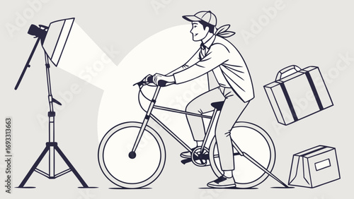 Illustration of a person riding a bicycle with delivery bags and a studio light in the background.