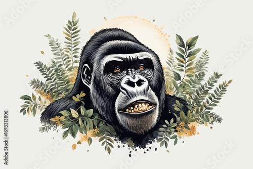 Illustration of a gorilla's head surrounded by ferns and foliage against a light background.