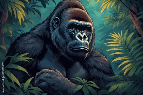 Majestic gorilla in a lush jungle setting, surrounded by vibrant greenery.