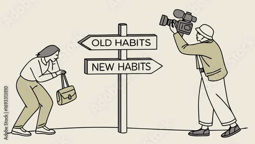 Illustration of Person Choosing Between Old and New Habits Filmed by a Cameraperson.