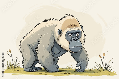 Cartoon illustration of a gorilla with light gray fur walking on grass.