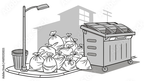 Illustration of overflowing garbage bags near a dumpster and street lamp.