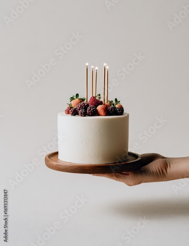 Birthday cake on wooden platter