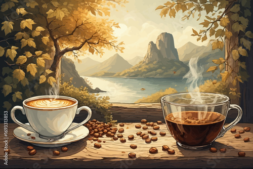 Two cups of coffee on a wooden surface with a scenic view.