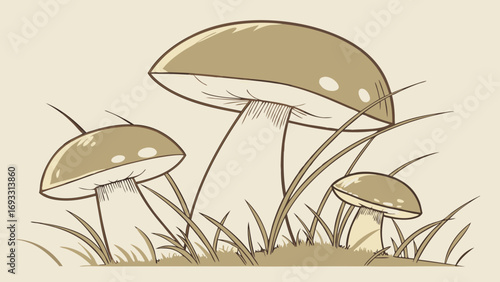 Illustration of three mushrooms growing in grass autumnal colors nature fungi botanical drawing graphic design vector art.