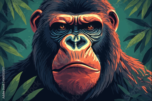 Close-up illustration of a gorilla with a serious expression in a jungle setting.