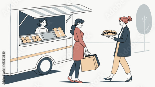 Illustration of two women buying pastries from a food truck.