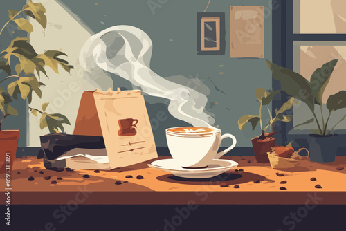 A steaming cup of coffee on a table with plants and coffee beans.